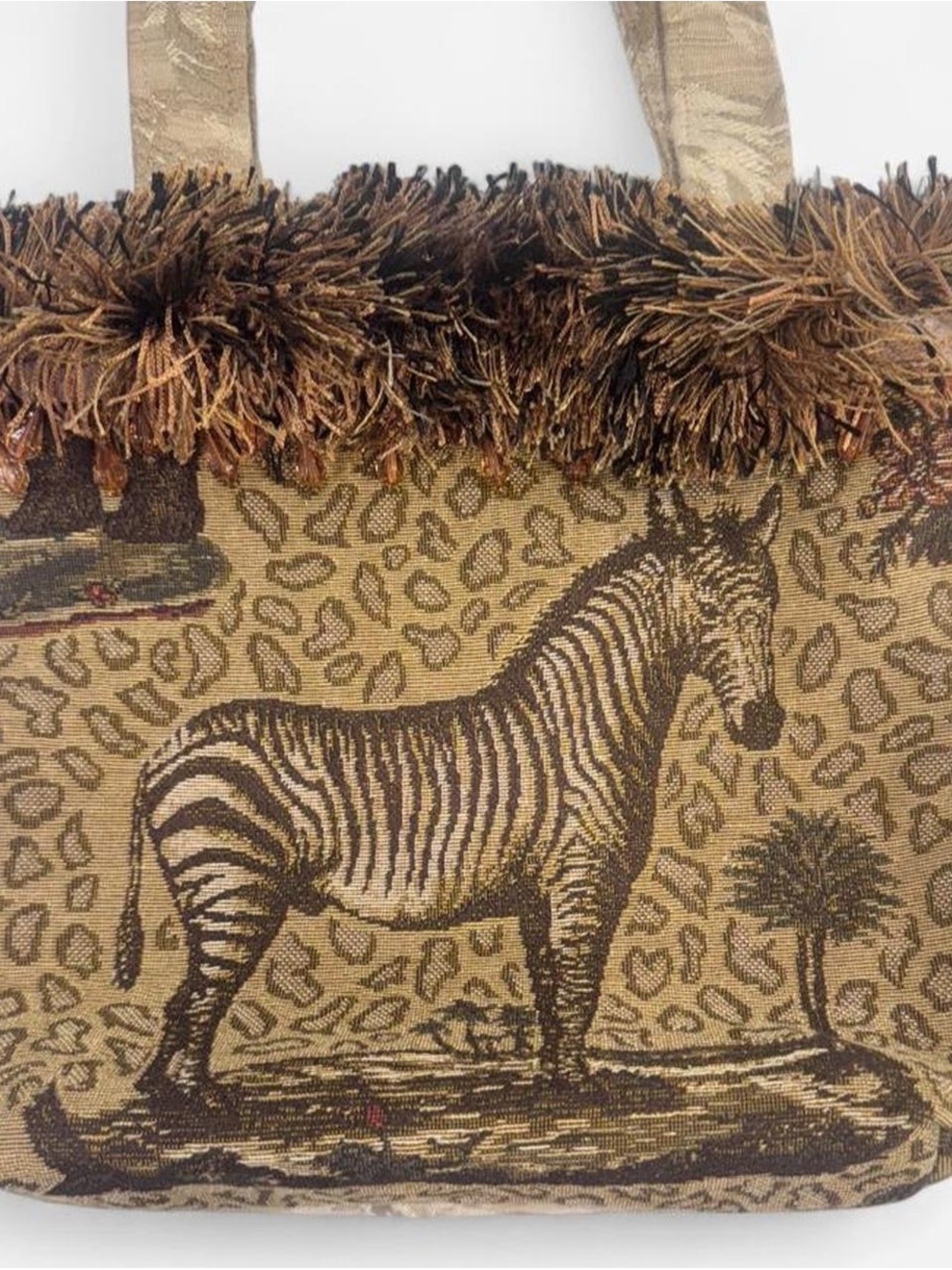 Vintage Snooksacks Zebra & Leopard Tapestry Tote with Fringe